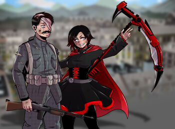 blood blood_on_face commission gun highres holding holding_gun holding_weapon injury isekai non-web_source ruby_rose rwby sergeant_raymond soldier victorjdraws weapon ww1