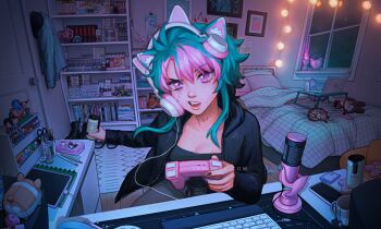 1girl absurdly_detailed_composition alarm_clock animal_ear_headphones animal_ears aqua_hair artist_name bed bedroom black_jacket black_nails black_shirt bookshelf breasts calico_(pattern) calico_cat can cat_ear_headphones cat_ears cat_girl cellphone chair cleavage clock coaster coat commentary computer computer_keyboard confused controller cup desk_microphone eevee energy_drink english_commentary facing_viewer fake_animal_ears game_controller gen_1_pokemon goodsmile_company goodsmile_racing grey_pants hair_between_eyes headphones highres holding holding_can holding_controller holding_game_controller indoors ivyalive jacket laptop lava_lamp loaded_interior looking_at_viewer manga_(object) medium_breasts mug multicolored_hair night night_sky nintendo notepad on_chair original pants pencil phone picture_frame pill pink_eyes pink_hair pokemon shirt short_hair sidelocks sky smartphone solo star_(sky) starry_sky stitched_face stitched_neck stitches string_of_light_bulbs stuffed_animal stuffed_toy tablet_pc teabag two-tone_hair unworn_coat virtual_youtuber watermark web_address window