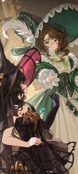 2girls absurdres bare_shoulders black_dress black_gloves black_hair blue_eyes brown_hair cancancancan chinese_commentary commentary_request dress elbow_gloves gloves green_eyes hat hat_feather highres indoors isolde_(reverse:1999) kakania_(reverse:1999) long_hair long_sleeves multiple_girls reverse:1999 single_glove witch_hat