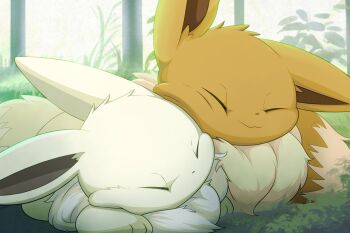 alternate_color animal_ears animal_focus brown_fur closed_eyes cuddling eevee eevee_ears fluffy forest gen_1_pokemon grass highres hirochanu0807 lying nature nintendo no_humans on_grass outdoors pokemon pokemon_(creature) shiny_pokemon sleeping tail