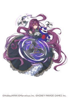 1girl :o absurdres bebe-tan breasts copyright_notice gothic_lolita highres hobbyjapan holding holding_stuffed_toy large_breasts lolita_fashion long_hair looking_at_viewer marvelous murasaki_(senran_kagura) official_art prehensile_hair purple_eyes purple_hair queen's_blade queen's_blade_unlimited senran_kagura shuriken solo stuffed_animal stuffed_toy teddy_bear very_long_hair weapon white_background