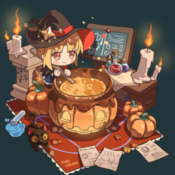 1girl absurdres blonde_hair blue_skirt blush_stickers bocchi_the_rock! brown_hat candle chibi chibi_only closed_mouth dot_nose flask full_body green_background halloween happy_halloween hat highres ijichi_nijika jack-o&#039;-lantern pleated_skirt round-bottom_flask short_hair sidelocks skirt smile solo standing stirring tianqiyubao_euc witch_hat yellow_eyes
