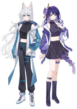 Rule 34 | 2girls, absurdres, alternate costume, animal ear fluff, animal ear piercing, animal ears, artist request, blue eyes, blunt bangs, boots, braid, clenched hand, closed mouth, collarbone, couple, crop top, cropped jacket, expressionless, full body, genshin impact, hair between eyes, hair ribbon, highres, jewelry, light smile, long sleeves, looking at viewer, mole, mole under eye, multiple girls, navel, oc x canon, original, pants, purple eyes, purple hair, purple nails, raiden shogun, ribbon, shade, skirt, sleeveless, standing, stomach, thighlet, white hair, wolf ears, wolf girl, yuri