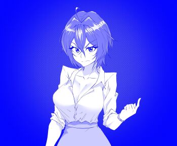 Rule 34 | 1girl, ahoge, anna ayasaki, blue background, blue theme, borrowed character, breasts, cleavage, closed mouth, collarbone, collared shirt, commentary, cowboy shot, double-parted bangs, english commentary, hair between eyes, hand up, highres, index finger raised, large breasts, looking at viewer, original, porougon, second-party source, serious, shirt, shirt tucked in, short hair, skirt, solo, v-shaped eyebrows