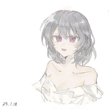 1girl arms_at_sides assault_lily bare_shoulders breasts bukejie chinese_commentary cleavage collarbone commentary_request cropped_arms cropped_torso dated frilled_shirt frills grey_hair hair_between_eyes hata_matsuri highres looking_at_viewer medium_breasts medium_hair off-shoulder_shirt off_shoulder parted_lips purple_eyes shirt simple_background smile solo upper_body white_background white_shirt