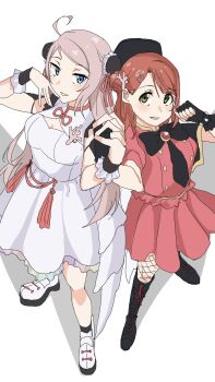 2girls ahoge beret black_boots black_capelet black_gloves black_hat black_socks black_wrist_cuffs blue_eyes boots breasts bun_cover capelet china_dress chinese_clothes cleavage cleavage_cutout clothing_cutout commentary_request double_bun dress fingerless_gloves fishnet_pantyhose fishnets frilled_shirt frilled_wrist_cuffs frills full_body gloves green_eyes hair_bun hat highres holding_hands interlocked_fingers knee_boots long_hair looking_at_viewer love_live! love_live!_nijigasaki_high_school_idol_club love_live!_nijigasaki_high_school_idol_club_the_movie_-_finale medium_hair miniskirt multiple_girls orange_hair pantyhose phoenix_(love_live!) pink_hair pink_shirt pink_skirt poizun_(user_wmgk4287) puffy_short_sleeves puffy_sleeves shirt shoes short_dress short_sleeves side_cape simple_background skirt skirt_set socks stellar_stream_(love_live!) uehara_ayumu white_background white_dress white_shoes wrist_cuffs zhong_lanzhu