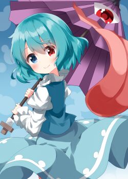 1girl blue_eyes blue_hair blue_vest commentary_request heterochromia highres holding holding_umbrella juliet_sleeves karakasa_obake long_sleeves multicolored_eyes oil-paper_umbrella one-hour_drawing_challenge puffy_sleeves red_eyes ruu_(tksymkw) shirt short_hair solo tatara_kogasa tongue tongue_out touhou umbrella vest white_shirt