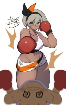 @_@ alternate_costume arm_up bea_(pokemon) bike_shorts black_bow bow bow_hairband boxing boxing_gloves breasts cleavage closed_mouth covered_erect_nipples cowboy_shot dark-skinned_female dark_skin dizzy fainted gen_1_pokemon gloves green_eyes grey_hair hair_between_eyes hairband highres hitmonchan knocked_over knockout looking_at_viewer medium_breasts mituyota_76 mouse_(animal) navel nintendo pokemon pokemon_(creature) pokemon_fainted pokemon_swsh print_shorts punching red_gloves short_shorts shorts simple_background solo_focus sports_bra two-tone_sports_bra white_background white_sports_bra