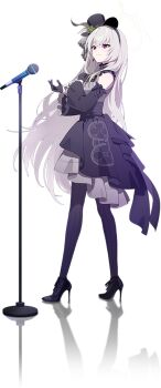 1girl black_dress black_gloves black_hat black_leggings black_shoes blue_archive dress female_focus frills gloves grey_hair grey_halo halo hat high_heels leggings long_hair microphone microphone_stand official_art purple_eyes reflection sakurako_(blue_archive) sakurako_(idol)_(blue_archive) shoes simple_background solo standing tagme top_hat transparent_background