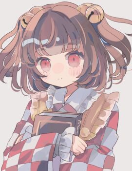 1girl apron bell book brown_hair checkered_clothes checkered_kimono checkered_shirt hair_bell hair_ornament hiyuu_(hiyualice) japanese_clothes kimono motoori_kosuzu red_eyes shirt short_hair simple_background solo touhou upper_body wide_sleeves yellow_apron