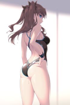 1girl adjusting_clothes adjusting_swimsuit armband bad_id bad_twitter_id black_one-piece_swimsuit black_ribbon blue_eyes competition_swimsuit fate/grand_order fate_(series) female_focus gomashio_ponz hair_ornament highres long_hair looking_back one-piece_swimsuit ribbon solo swimsuit tohsaka_rin