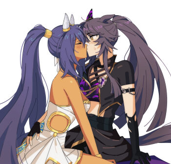 Rule 34 | 2girls, animal ears, arm behind back, arm strap, asymmetrical gloves, bandaid, bandaid on face, bandaid on nose, black gloves, black hair, black jacket, blue hair, blush, closed eyes, crop top, dark skin, dress, fingerless gloves, gloves, highres, hishi amazon (hungry veil) (umamusume), hishi amazon (umamusume), horse ears, horse girl, horse tail, hwipa (param blue), jacket, kiss, korean commentary, long hair, mismatched gloves, multiple girls, narita brian (hungry wolves) (umamusume), narita brian (umamusume), ponytail, small sweatdrop, tail, umamusume, white dress, yellow eyes, yuri