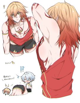 2boys abs antenna_hair arm_tattoo armlet black_choker blank_eyes blonde_hair blue_eyes blush braid chest_tattoo choker facial_tattoo gradient_hair gym_shorts highres honkai:_star_rail honkai_(series) jewelry male_focus medium_hair multicolored_hair multiple_boys mydei_(honkai:_star_rail) necklace parted_bangs phainon_(honkai:_star_rail) pm_p red_hair red_tank_top red_tattoo shirt short_hair shorts side_braid simple_background tank_top tattoo toned toned_male white_background white_hair white_shirt yaoi yellow_eyes