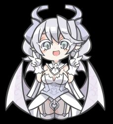 Rule 34 | 1girl, bare shoulders, black background, blush stickers, breasts, chibi, cleavage, commentary request, cowboy shot, demon girl, demon horns, demon wings, double v, dress, duel monster, earrings, garter straps, gloves, grey eyes, grey hair, highres, horns, jewelry, looking at viewer, lovely labrynth of the silver castle, low wings, medium hair, multiple wings, open mouth, oquri, pointy ears, see-through, see-through dress, simple background, slit pupils, smile, solo, strapless, strapless dress, thighhighs, tongue, v, white gloves, white thighhighs, wings, yu-gi-oh!