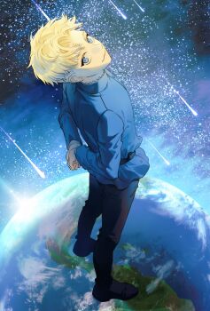 Rule 34 | 1boy, arms behind back, black pants, blonde hair, blue eyes, blue jacket, chi.: chikyuu no undou ni tsuite, closed mouth, commentary request, earth (planet), full body, highres, jacket, korean commentary, light smile, looking at viewer, male focus, pants, planet, rafal (chi.), shooting star, short hair, sky, solo, space, star (sky), starry sky, wishcommm