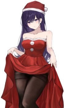 1girl a_dayo00 asahina_mafuyu bare_arms bare_shoulders blush breasts brown_pantyhose christmas cleavage closed_mouth clothes_lift collarbone commentary cowboy_shot dress dress_lift fur-trimmed_dress fur-trimmed_headwear fur_trim hair_between_eyes hair_down hat highres large_breasts long_dress long_hair looking_at_viewer pantyhose pom_pom_(clothes) project_sekai purple_eyes purple_hair red_dress red_hat santa_costume santa_hat simple_background solo standing straight_hair strapless strapless_dress thighband_pantyhose thighs white_background