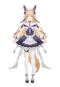 1girl :d absurdres ahoge animal_ear_fluff animal_ears bare_shoulders black_dress black_shoes blonde_hair chinese_commentary commentary_request double-parted_bangs dress fang flantia flower frilled_dress frills full_body hair_flower hair_ornament highres long_hair looking_at_viewer making-of_available multicolored_dress open_mouth original pantyhose purple_dress sample_watermark shoes simple_background skin_fang sleeveless sleeveless_dress smile solo standing tachi-e tail thigh_strap watermark white_background white_dress white_flower white_pantyhose yellow_eyes