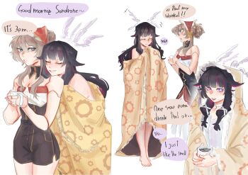 Rule 34 | 2girls, absurdres, bare arms, barefoot, black hair, black shorts, bonnet, breasts, brown hair, cleavage, closed eyes, closed mouth, columbina (genshin impact), commentary, cup, doll joints, english commentary, english text, genshin impact, hair bun, high-waist shorts, highres, holding, holding cup, joints, multiple girls, purple streaks, sandrone (genshin impact), shirt, shorts, simple background, speech bubble, tibetanyakart, tongue, tongue out, unusually open eyes, white background, white shirt, yuri