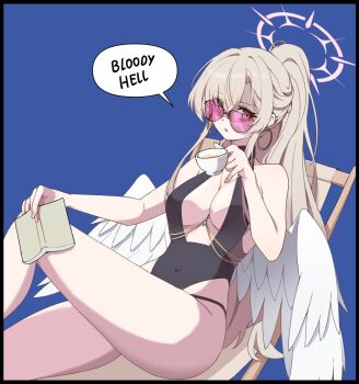 1girl bare_arms bare_hips bare_legs bare_shoulders beach_chair black_one-piece_swimsuit blonde_hair blue_archive blue_background blush book breasts cleavage clov3r crossed_bangs crossed_legs cup earrings english_text eyes_visible_through_hair feathered_wings feet_out_of_frame glasses gold_necklace hair_over_one_eye halo halterneck highleg highleg_one-piece_swimsuit highres holding holding_book holding_cup hoop_earrings huge_breasts jacket jewelry large_breasts long_hair looking_at_viewer looking_over_eyewear low_wings nagisa_(blue_archive) nagisa_(swimsuit)_(blue_archive) necklace official_alternate_costume official_alternate_hairstyle one-piece_swimsuit open_mouth pink_halo ponytail purple-tinted_eyewear sand sidelocks sitting solo speech_bubble sunglasses swimsuit tea teacup thick_thighs thighs tinted_eyewear triangle_mouth white_jacket white_wings wings yellow_eyes