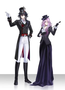 Rule 34 | 0p78xopwsj83779, 1boy, 1girl, ascot, ashveil (gallop) (honkai: star rail), ashveil (honkai: star rail), belt, black boots, black gloves, black hair, black jacket, boots, buttons, choker, coattails, collarbone, collared shirt, commentary request, double-breasted, double-parted bangs, earrings, flower, frilled shirt collar, frills, full body, gem, gloves, gradient hair, grey eyes, hair between eyes, hand on own hip, hat, hat feather, hat flower, highres, holding, holding whip, honkai: star rail, honkai (series), jacket, jade (gallop) (honkai: star rail), jade (honkai: star rail), jewelry, long hair, long skirt, low ponytail, multicolored hair, official alternate costume, one eye closed, pants, pink hair, ponytail, purple eyes, purple skirt, red gem, shako cap, shirt, simple background, single earring, skirt, smile, tailcoat, top hat, whip, white ascot, white gloves, white pants