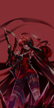 1girl ahoge asymmetrical_bangs bare_shoulders belt belt_buckle black_belt black_collar black_gloves blunt_bangs breasts buckle cleavage closed_mouth collar covering_one_eye cowboy_shot crimson_avenger_(elsword) darkness detached_collar different_shadow dress elbow_gloves elesis_(elsword) elsword fingerless_gloves gloves grey_pantyhose high_collar highres holding holding_sword holding_weapon huge_ahoge huge_weapon hwansang long_hair medium_breasts multiple_belts official_art orange_eyes pantyhose red_background red_dress red_hair second-party_source short_dress simple_background single_elbow_glove single_fingerless_glove smile strapless strapless_dress studded_belt sword thigh_belt thigh_strap torn_clothes torn_pantyhose very_long_hair weapon