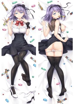 1girl bare_shoulders black_hairband black_pantyhose black_skirt blue_eyes bow bowtie breasts breasts_out button_gap clothes_lift clothes_pull commentary_request dagashi_kashi dakimakura_(medium) food_in_mouth full_body hairband high-waist_skirt large_breasts moeanime multiple_views nipples no_shoes panties panty_pull pantyhose pantyhose_pull purple_hair pussy red_bow red_bowtie shidare_hotaru shirt shoes short_hair skirt skirt_lift smile underwear white_panties white_shirt white_shoes