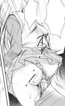 1boy 1girl ass back clothes_lift clothing_aside collared_shirt cowboy_shot from_behind greyscale hair_between_eyes komiya_yuuta leaning_forward long_hair long_sleeves monochrome motion_lines non-web_source original panties panties_aside penis plaid_clothes plaid_skirt pleated_skirt pussy pussy_peek reclining sawatari_ranna school_uniform sex sex_from_behind shirt skirt sound_effects speech_bubble straight_hair striped_clothes underwear vaginal vest