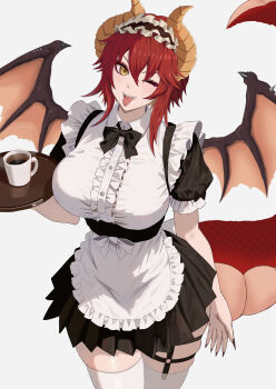 1girl absurdres alternate_costume alternate_hairstyle apron black_dress black_nails blush breasts center_frills closed_mouth commentary dragon_girl dragon_horns dress fangs frills highres holding holding_tray horns indie_virtual_youtuber large_breasts long_hair looking_at_viewer maid maid_apron maid_headdress meibin nail_polish o-ring o-ring_thigh_strap one_eye_closed ponytail red_hair smile solo thigh_strap thighhighs tongue tongue_out tray virtual_youtuber white_thighhighs yellow_eyes zentreya zentreya_(dragon)