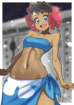 1girl absurdres bandeau blue_bandeau blue_eyes blue_sarong blurry blurry_background blush border brown_hair commentary_request curvy dark-skinned_female dark_skin eyelashes flower hair_flower hair_ornament highres looking_at_viewer midriff navel nintendo open_mouth phoebe_(pokemon) pokemon pokemon_oras sarong short_hair smile solo teeth upper_teeth_only very_short_hair white_border wide_hips yasu_suupatenin