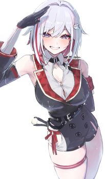 1girl bare_shoulders belt black_boots black_gloves blue_eyes blush boots breasts detached_sleeves elbow_gloves gloves high_heel_boots high_heels highres honkai:_star_rail honkai_(series) large_breasts looking_at_viewer multicolored_hair red_hair sanshoku_dango_(shukosuko) short_hair smile solo topaz_(honkai:_star_rail) white_hair