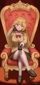 1girl adjusting_hair blazer blonde_hair bow bowtie breasts brown_jacket brown_shoes commentary controller crossed_legs gloves highres holding holding_remote_control jacket large_breasts loafers long_hair long_sleeves looking_at_viewer miniskirt oyasumi_(sleepingnes1) plaid_clothes plaid_skirt red_bow red_bowtie remote_control school_emblem school_uniform shoes shokuhou_misaki sitting_on_throne skirt smile solo sparkling_eyes spider_web_print symbol-shaped_pupils thighhighs toaru_kagaku_no_mental_out toaru_kagaku_no_railgun toaru_majutsu_no_index tokiwadai_school_uniform white_gloves white_thighhighs winter_uniform yellow_eyes