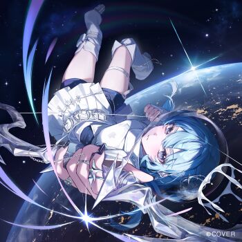1girl belt blue_eyes blue_hair bow_(weapon) commentary_request copyright_name double-parted_bangs drawing_bow earth_(planet) full_body grey_shoes hair_between_eyes helmet highres holding holding_bow_(weapon) holding_weapon hololive hoshimachi_suisei leg_warmers long_hair looking_at_viewer miniskirt myao_(myaodayone) official_art planet shirt shoes shorts shorts_under_skirt skirt solo space space_helmet star_(symbol) star_in_eye symbol_in_eye thigh_strap upside-down virtual_youtuber weapon white_belt white_leg_warmers white_shirt white_skirt