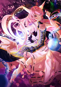 1girl absurdres black_ribbon black_tabard chain check_commentary closed_mouth commentary commentary_request cuffs flower highres horns ibaraki_douji_(touhou) ibaraki_kasen long_hair nettian51 pink_eyes pink_hair pink_skirt ribbon ribbon-trimmed_skirt ribbon_trim rose shackles shirt short_sleeves skirt smile solo tabard touhou vine_print white_shirt wild_and_horned_hermit