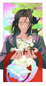 Rule 34 | 1boy, 1girl, bird, black hair, border, brown hair, brown shoes, closed eyes, commentary request, dress, enigmaaaa, eren yeager, flower, frown, green eyes, grey jacket, hair between eyes, hetero, highres, in palm, jacket, jewelry, key, key necklace, long dress, long hair, looking at another, medium hair, mikasa ackerman, necklace, parted bangs, red scarf, sad, scarf, shingeki no kyojin, shirt, shoes, sleeping, tears, tree, upper body, white border, white dress, white flower, white shirt