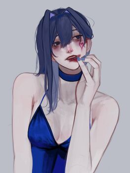 absurdres bags_under_eyes bare_shoulders blue_collar blue_dress blue_eyes blue_hair blue_nails breasts cleavage collar collarbone colored_inner_hair commentary dress english_commentary hair_between_eyes hair_intakes highres hololive hololive_english lipstick lipstick_mark lipstick_mark_on_face lipstick_writing long_hair makeup medium_breasts multicolored_hair nail_polish ouro_kronii simple_background smeared_lipstick soju_ice spaghetti_strap virtual_youtuber