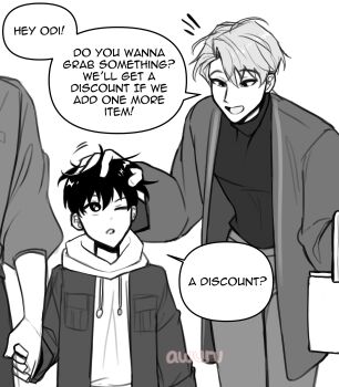 3boys ;o absurdres areuwuu cowboy_shot english_text father_and_son greyscale highres holding_hands hood hood_down hoodie jacket kim_dokja lee_hakhyun male_focus monochrome motion_lines multiple_boys omniscient_reader&#039;s_viewpoint one_eye_closed original out_of_frame ruffling_hair shirt speech_bubble yaoi