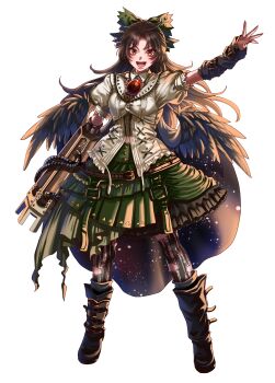 1girl :d absurdres arm_cannon arm_up belt black_boots black_wings boots bow brown_belt brown_hair cape center_frills collared_shirt commentary_request control_rod_(touhou) feathered_wings frilled_shirt_collar frilled_skirt frills full_body green_bow green_skirt hair_bow highres kuya_(hey36253625) long_hair open_mouth outstretched_arm puffy_short_sleeves puffy_sleeves red_eyes reiuji_utsuho shirt short_sleeves skirt smile solo starry_sky_print third_eye touhou transparent_background v-shaped_eyebrows weapon white_shirt wings