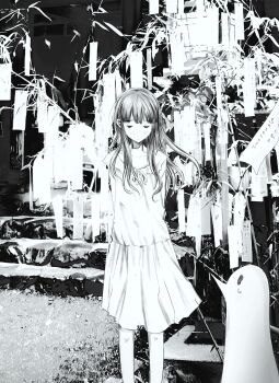 1boy 1girl absurdres arms_behind_back dress floating_hair greyscale highres hos1_i long_hair monochrome ofuda onodera_punpun outdoors oyasumi_punpun shrine sleeveless sleeveless_dress stairs standing sundress tanaka_aiko