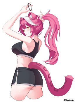 1girl absurdres adjusting_hair animal_ears ass back bare_shoulders black_shorts black_sports_bra blush breasts commentary cropped_legs hair_intakes hair_tie hashtag-only_commentary highres holding holding_hair_tie hololive hololive_english kerovus large_breasts long_hair looking_at_viewer looking_back median_furrow multicolored_hair panther_ears panther_girl panther_tail pink_hair pink_tail raora_panthera shorts simple_background solo sports_bra streaked_hair tail thighs twitter_username two-tone_hair virtual_youtuber white_background white_hair yellow_eyes