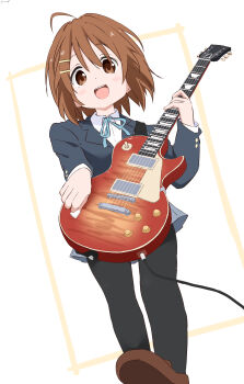 1girl :d absurdres ahoge black_pantyhose blazer blue_jacket blue_skirt blush brown_hair brown_shoes collared_shirt commentary_request cynical_(llcbluckg_c004) electric_guitar guitar highres hirasawa_yui holding holding_guitar holding_instrument holding_plectrum instrument jacket k-on! looking_at_viewer medium_hair open_mouth pantyhose pleated_skirt plectrum sakuragaoka_high_school_uniform school_uniform shirt shoes skirt smile solo teeth upper_teeth_only white_background white_shirt