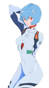1girl arm_behind_back arm_behind_head arm_up ayanami_rei bad_id bad_twitter_id blue_hair bodysuit highres interface_headset_(evangelion) mecha_pilot_suit neon_genesis_evangelion plugsuit_(evangelion) red_eyes short_hair simple_background solo swirl9017 white_background white_bodysuit