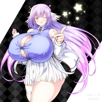 1girl absurdres artist_name bare_shoulders black_background bow bowtie breasts button_gap buttons checkered_background clenched_hands collared_shirt commentary_request cowboy_shot dated ecriel_germinal feathered_wings fingernails gradient_hair grey_background hands_up head_wings highres huge_breasts indie_virtual_youtuber jacket kogarashi_(wind_of_winter) long_hair long_sleeves miniskirt multicolored_hair off_shoulder one_eye_closed open_mouth pink_bow pink_bowtie pink_hair pointing purple_hair purple_nails purple_shirt shirt skirt sleeveless sleeveless_shirt smile solo star_(symbol) thick_thighs thigh_strap thighs unzipped very_long_hair virtual_youtuber white_background white_jacket white_skirt white_wings wings yellow_eyes zipper