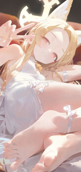 1girl animal_ear_fluff animal_ears bare_shoulders barefoot blonde_hair blue_archive blush breasts commentary_request dress feet flower forehead fox_ears grin hair_flower hair_ornament halo highres long_hair looking_at_viewer lying modare on_side parted_bangs seia_(blue_archive) sidelocks small_breasts smile toes white_dress yellow_eyes