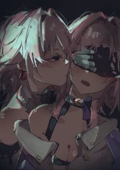 2girls bare_shoulders black_background black_gloves blush breasts closed_mouth commentary_request earrings evernight_(honkai:_star_rail) eyelashes gloves hand_on_another's_face honkai:_star_rail honkai_(series) jewelry looking_at_another march_7th_(honkai:_star_rail) march_7th_(preservation)_(honkai:_star_rail) multiple_girls open_mouth pink_hair red_eyes tyun_tyun333 yuri