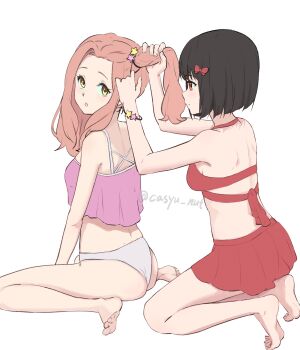 2girls absurdres ass bare_arms bare_legs barefoot bikini black_hair bow bra breasts brown_hair casyu_nut closed_mouth collarbone flower freckles hair_flower hair_ornament hair_tie hibike!_euphonium highres hisaishi_kanade holding holding_hair_tie kenzaki_ririka kneeling light_blush long_hair looking_at_another medium_breasts multiple_girls orange_eyes panties purple_bikini red_bikini red_bow red_skirt scrunchie short_hair side_ponytail signature sitting skirt smile star_(symbol) star_hair_ornament swimsuit thighs twintails twitter_username underwear wariza watermark white_background white_panties wrist_scrunchie yellow_eyes