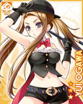 1girl bare_shoulders black_dress black_eyes black_gloves black_hat black_shorts bow bowtie brown_hair cane card_(medium) character_name crop_top dress earrings elbow_gloves girlfriend_(kari) gloves hat holding holding_cane jewelry navel official_art ogawa_yui_(girlfriend_(kari)) qp:flapper red_bow red_bowtie shorts side_ponytail sleeveless solo standing thighs yellow_background