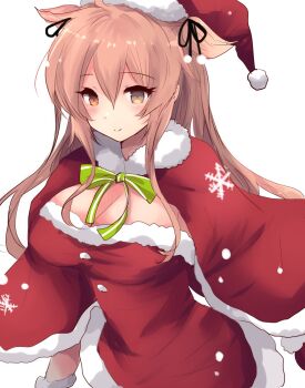 1girl alternate_costume breasts brown_eyes brown_hair capelet commentary_request cowboy_shot dress fur-trimmed_capelet fur-trimmed_dress fur-trimmed_headwear fur_trim hair_ribbon hat heterochromia highres hirune_(konekonelkk) kantai_collection large_breasts murasame_(kancolle) murasame_kai_ni_(kancolle) pom_pom_(clothes) red_capelet red_dress red_eyes red_hat ribbon santa_hat simple_background snowflake_print solo two_side_up white_background