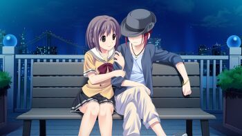 10s 2girls brown_eyes brown_hair chair game_cg hat highres jewelry kitami_minamo koigakubo_chihaya koutaro long_hair multiple_girls necklace night red_hair short_hair smile tomato tropical_kiss tropical_vacation twinkle_(company)