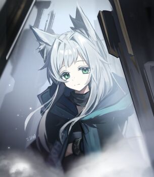 1girl absurdres animal_ears arknights artist_name black_jacket blue_trim cat_ears cat_girl commentary_request green_eyes grey_hair highres hood hood_down hooded_jacket infection_monitor_(arknights) jacket looking_at_viewer medium_hair rosmontis_(arknights) sigma_zan smoke solo standing thick_eyelashes upper_body