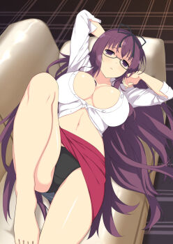 1girl :&lt; barefoot black_panties breasts card_(medium) cleavage couch crotch_seam glasses highres huge_breasts linea_alba long_hair looking_at_viewer lying murasaki_(senran_kagura) navel office_lady official_alternate_costume official_art on_back on_couch panties pantyshot parted_lips partially_unbuttoned pencil_skirt purple_eyes purple_hair red_skirt senran_kagura senran_kagura_new_wave shiny_skin shirt skirt solo underwear very_long_hair white_shirt